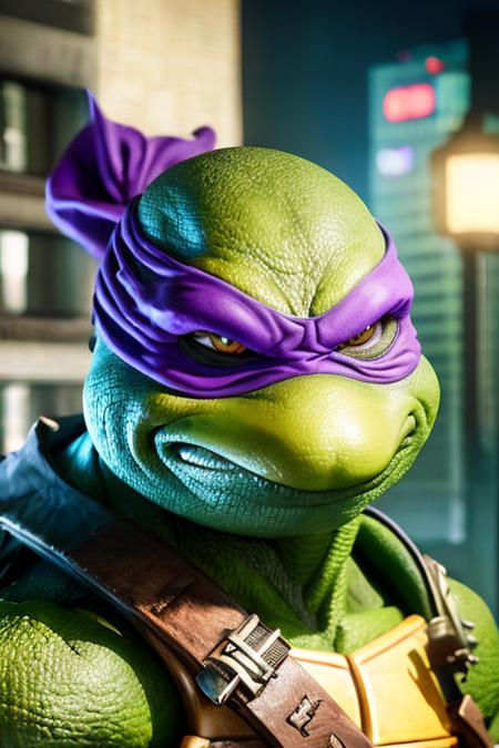 <lora:TMNTDonatello-11:0.8>(RAW photo, real life, absurdres, high quality, photorealistic, detailed, realistic:1.3), (solo:1.3), closeup portrait, a high resolution photo of a TMNTDonatello, a teenage mutant ninja turtle with a purple bandana mask with eye-holes, on a city rooftop at night, city buildings and dark night sky in background, cinematic, atmospheric, 8k, realistic lighting, shot by Hassleblad H6D, Zeiss, Kodachrome, nikon, 50mm 1.2 lens, Octane Render, ultra realistic, realistic lighting, photorealistic, photorealism, photoreal, unreal engine 5, Adobe After FX, highly detailed, intricate detail