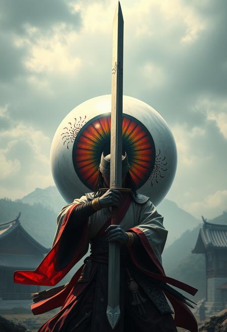 cinematic, 32k, hyper detailed, a korean warrior holding a sword against a giant eyeball, long sword, korean costume, korean village