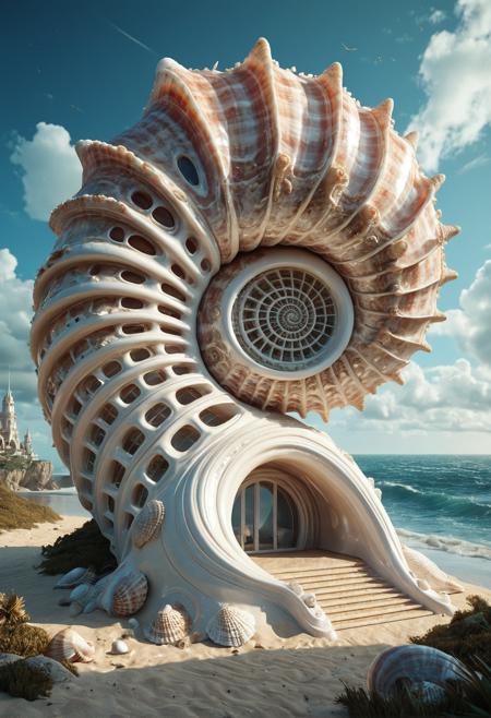 A surreal architectural structure built from a giant seashell, resembling a massive conch, intricate spiral design, smooth nacre textures, blending natural oceanic elements with futuristic architecture, situated on a coastal landscape, realistic lighting, high detail, fantasy concept art.