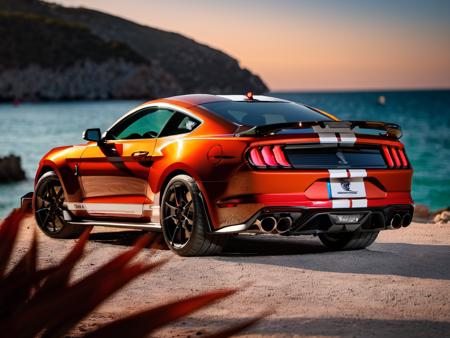 a photo of mstgsgt500 car parked, near the beach, flares, bokeh, greek islands