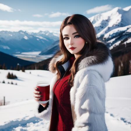 Realistic full potrait of beautiful romanian woman with makeup and fur jacket, shallow depth of field, snowy mountains as background