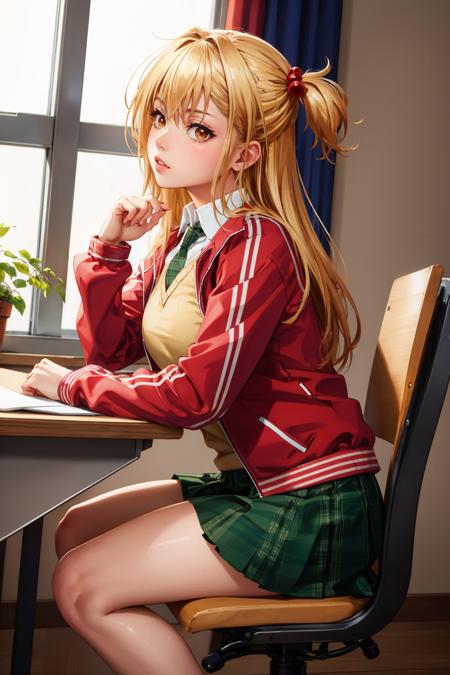 masterpiece, best quality,  <lora:amagakeyuri-nvwls-v1-000010:0.9> amagake yuri, hair ornament, red jacket, yellow sweater vest, green necktie, green skirt, sitting, desk, chair, from side, looking at viewer