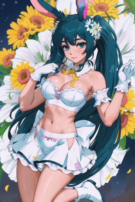 <lora:Flick:.7>, Flick, masterpiece, best quality, egg, 1girl, easter egg, solo, long hair, easter, gloves, animal ears, rabbit ears, white gloves, frills, flower, twintails, hair flower, navel, hair ornament, very long hair, bow, hands up, midriff, pink bowtie, detached sleeves, skirt, pink bow, aqua hair, bowtie, breasts, aqua eyes, white flower, daisy, bare shoulders, yellow sleeves, jumping, frilled sleeves, fur-trimmed footwear, puffy detached sleeves, looking at viewer, frilled shirt, hair between eyes, crop top, center frills, bloomers, strapless, w arms, puffy sleeves, bangs, detached collar, neck ribbon, short sleeves, medium breasts, ribbon, stomach, fur trim