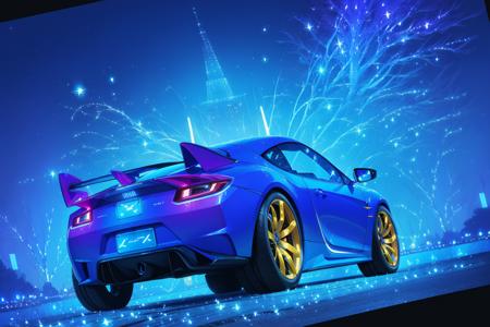 ((flourescent theme)), iridescent aura, sports car, high quality, best quality, highres, full body, high detail,  masterpiece, pointy ears, best quality, <lora:Bluemageddon:1.1>,