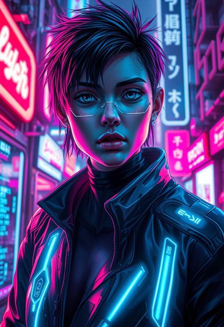 A portrait of a cyberpunk character in a neon-lit urban environment . The scene is detailed and realistic, emphasizing the futuristic, cyberpunk  aesthetic. The setting is immersive, with intricate details like holographic displays