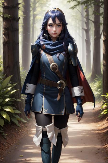 masterpiece, best quality,  <lora:lucina-nvwls-v1-000008:1> defLucy, tiara, cape, blue scarf, blue coat, shoulder armor, long sleeves, cuffs, belt, fingerless gloves, black pantyhose, thigh boots, standing, looking at viewer, serious, hand to heart, forest