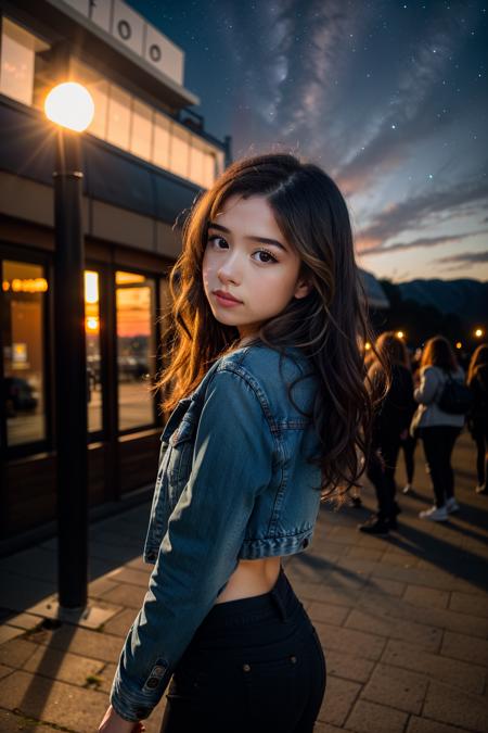 <lora:more_details:0.3>, solo, very detailed, detailed face, pokidiffusion, picture of a beautiful girl with long messy hair wearing casual jeans jacket with black pants, outside in a common place, sunset, starry sky, detailed shadowing and lighting, at a party, 3/4 body on the frame