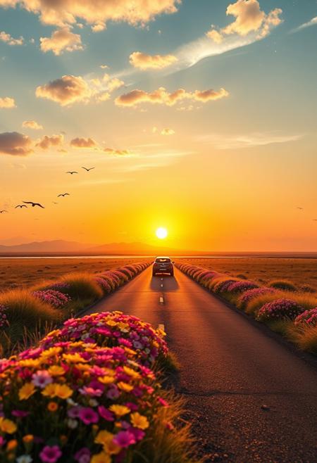 White, pink, yellow, colorful flower fields, the road continues into the sunset, emphasizing the perspective, expanding the area near the sunset and the distant area, the sunset is reflected on the water surface, waves, swaying grass and flying birds, shadows on the clouds, the car is positioned based on the golden ratio, movement, savannah wilds, arid prairie, detailed scenery, full moon, night, clouds, starry sky, milky way, 
best quality, sharp focus, high contrast, colorful, ultra quality, 8k, best quality,