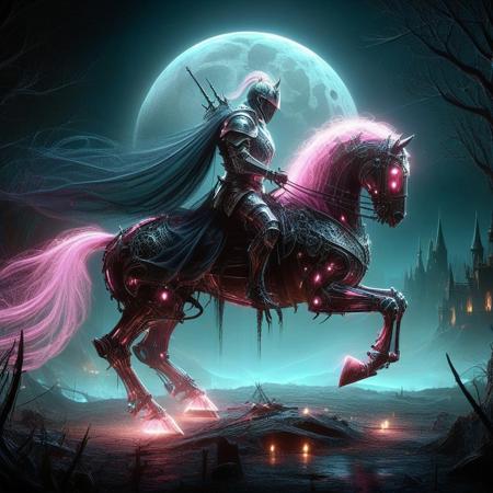Cyberspace, glowing magical energy in cyberspace, score_10 , score_9_up, score_8_up, score_7_up , score_6_up, a realistic armored knight is riding a mechanical horse, glowing eyes, armor made out of neon, night background, moon, eerie atmosphere, gothic, grim dark, fantasy art, medieval, detailed pink armor, eerie glow, full armor, red glowing eyes, cape, rocky ground, fantasy creature, pink theme, fantasy setting, high contrast, detailed textures, ominous, realistic lighting, haunting, eerie glow, medieval fantasy, gothic style, detailed rendering, fantasy character, pink ambiance, eerie environment, fantasy creature, armored knight, glowing eyes, riding horse, knight over horse, realistic castle, castle background, smiling