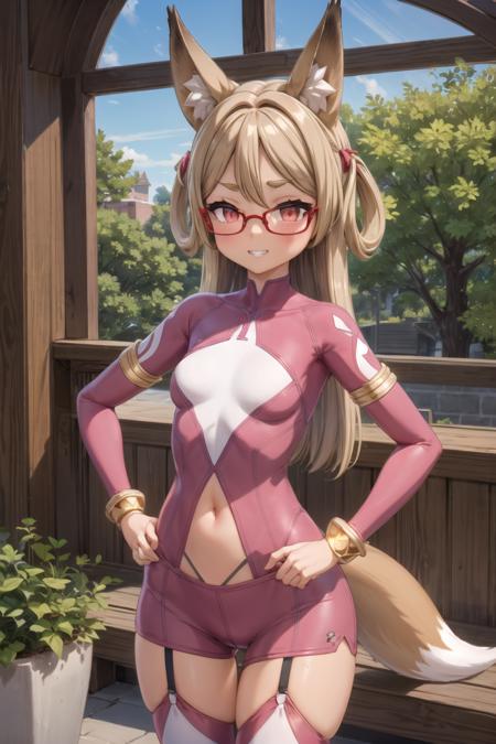 setsu, fox girl, long hair, hair rings, blonde hair, red eyes, fox ears, thick eyebrows,  fox tail, fang, dark skin, dark-skinned female, tan, red-framed eyewear, semi-rimless eyewear, over-rim eyewear, skirt, hair ornament, long sleeves, bow, bare shoulders, detached sleeves, japanese clothes, sleeveless, wide sleeves, white thighhighs, red skirt, obi, thick eyebrows, ribbon trim, hakama, hakama skirt, jingle bell, ribbon-trimmed sleeves, miko, hair bell, red hakama,