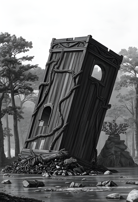 A leaning black triangular tower sinking into a swamp, with vines growing on it. Parts of its walls are broken and there is rubble scattered everywhere. Flat top. Trees in the foreground and background.