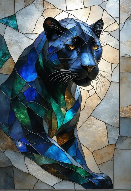 A mesmerizing and powerful depiction of a panther, rendered as a fractured stained-glass Cubist masterpiece. Presented in a front view, the panther's form is deconstructed into a dynamic arrangement of geometric shapes, each shard catching and reflecting light in an otherworldly glow. The color palette vibrates with deep jewel tones â emerald green, sapphire blue, and ruby red â contrasted by stark black outlines and luminous white highlights. Multiple perspectives converge, revealing the pantherâs posture from different angles, emphasizing its inherent grace and predatory intensity. Subtle photorealistic detailsâthe glint of its eyes, the texture of its fur, the subtle tension in its musclesâare seamlessly integrated with the fractured geometry, creating a paradoxical sense of realism and abstraction. A soft, radiant glow emanates from within the stained-glass elements, intensifying the sense of mystery and power. Ultra detailed, 8k resolution, volumetric lighting, octane render, a visually stunning and emotionally resonant composition, embodying the spirit of the wild.