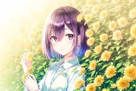 solo, 1girl, looking at viewer, hair ornament, purple eyes, flower, shirt, short hair, bangs, upper body, purple hair, white shirt, holding, earrings, hair between eyes, jewelry, x hair ornament, long sleeves, hairclip, blush, yellow flower, holding flower