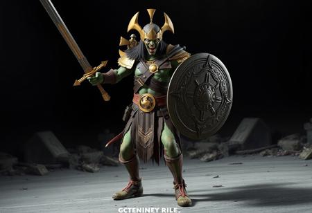 Protagonist Zombie Warrior from Thundarr the Barbarian, standing in a dynamic pose, wielding sword & shield, in hyper-detailed brown and gold attire, hyper-detailed face and eyes. on a gray surface, against a contrasting Cemetary Bomb backdrop. High-res 4K, Octane Render, Unreal Engine 5, CGSociety, trending on Artstation. Cinematic lighting, impeccable composition, creative angle, Golden Ratio, splash ink illustration, matte painting, vivid colors.