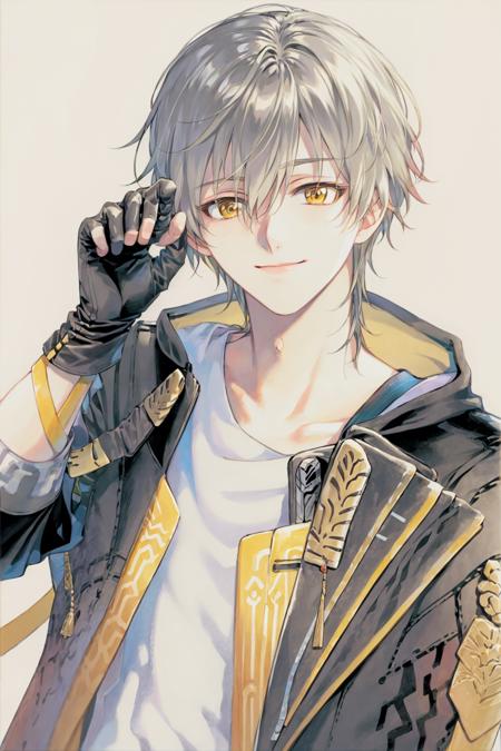 masterpiece, best quality, <lora:trailblazer:1>,<lora:style19:1>,watercolor \(medium\),traditional media,trailblazer, 1boy, animal ears, male focus, gloves, yellow eyes, solo, jacket, shirt, white shirt, looking at viewer, black gloves, grey hair, black jacket, simple background, fingerless gloves, paw pose, smile, cat ears, short hair, upper body, bangs, closed mouth, collarbone, hair between eyes, virtual youtuber,  head tilt, open jacket, open clothes, extra ears