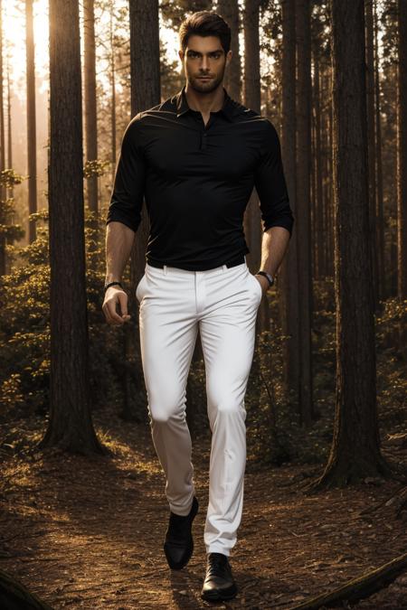 photo of person,  man,  male,  black shirt,  looking to viewer,  full body,  white pants,  serious,  on the forest,  sunset,  cinematic lighting,  detailed face,  detailed eyes,  masterpiece,  high_res,  perfect face,  ,  High detailed,<lora:EMS-293469-EMS:1.000000>