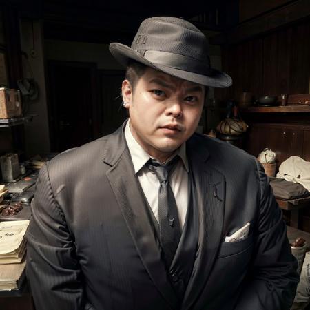 fat,whoami, Suave mobster. Dark, sharply tailored suit. Crisp white shirt. Tie that echoes power. Half-hidden face under a classic fedora hat. Piercing eyes that speak volumes. Vintage cigar in hand. Mysterious smoke. Dimly lit room reminiscent of an underground speakeasy. Rows of liquor bottles in the background. Rich wooden decor. Vintage feel. Palpable tension. Cool, unshakeable demeanor