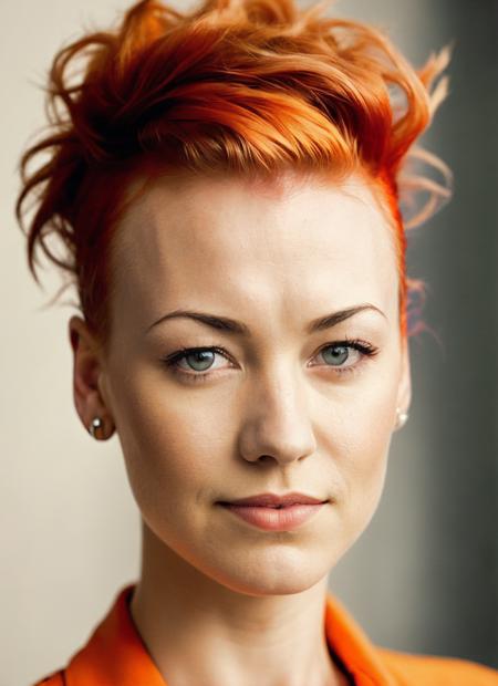 portrait of sks woman by Flora Borsi, style by Flora Borsi, bold, bright colours, orange Mohawk haircut, ((Flora Borsi)), <lora:locon_yvonne_v1_from_v1_64_32:1.3>