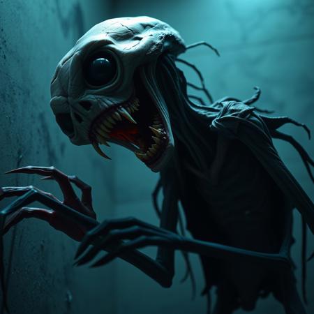 ultra_res, high_contrast, sharp_detail, cinematic_lighting, eerie_glow, haunting_aura, unsettling_textures, nightmarish_design, hyperrealistic, terrifying_appearance.
 "A thin, spindly creature with a grotesque, oversized head tilted at an unnatural angle. Its mouth distends unnaturally wide to scream, revealing jagged teeth and black voids where eyes should be. Long, clawed fingers scrape against walls, leaving trails of black ash. Its body jerks and spasms unnervingly, as if it’s never quite settled into its form. The air vibrates with the sound of its constant, bone-shattering wail. Eyes flickering with horrifying intensity. Darkness envelops its form as it leans in close, ready to strike