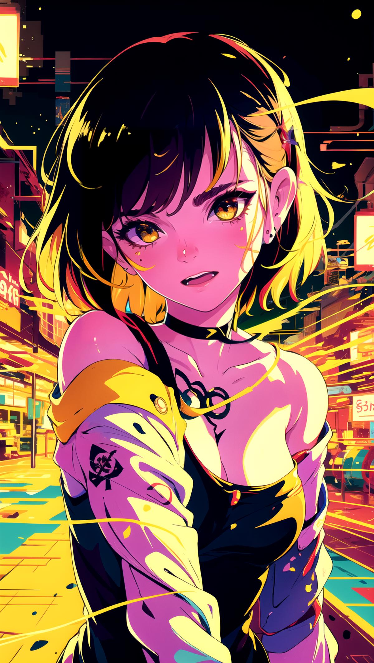 Anime-style girl with a black shirt and yellow accents.