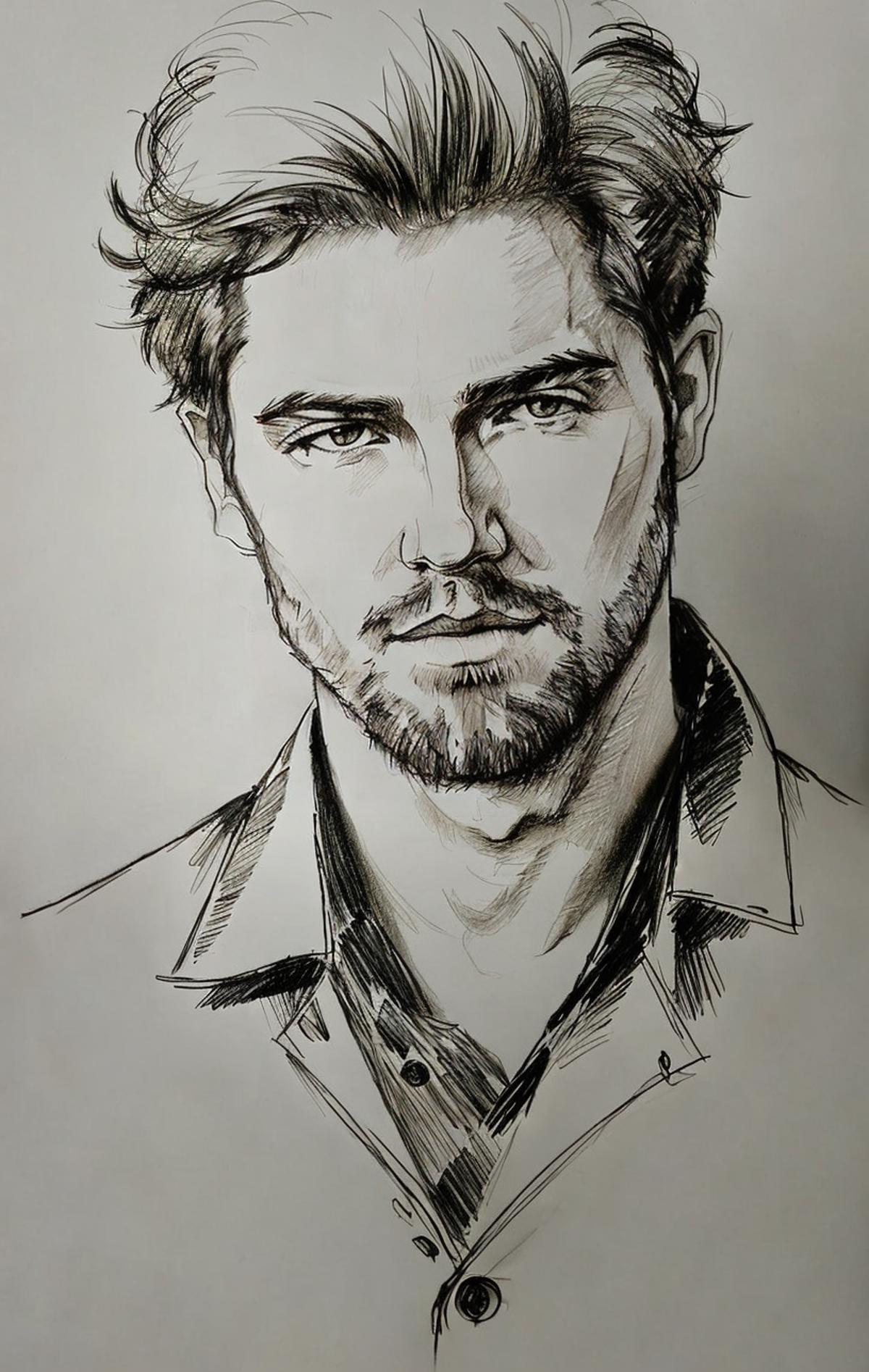 A detailed drawing of a man with a beard wearing a white shirt.