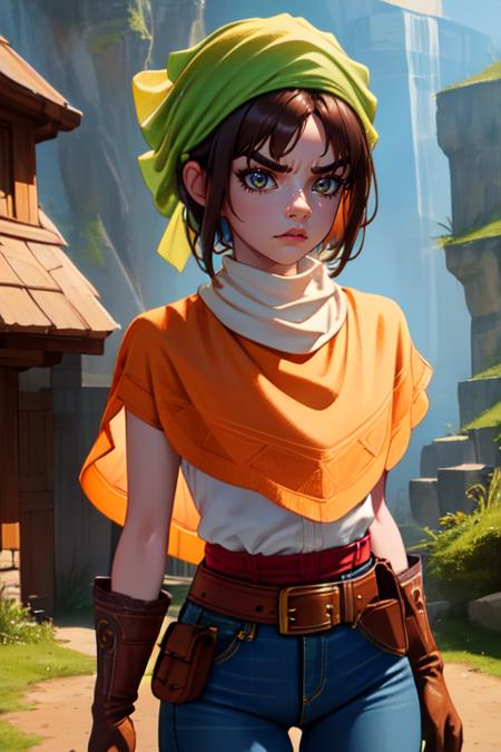 Toan,short brown hair,thick eyebrows,(Solo) upper body,serious face,
orange poncho, denim jeans, green bandana,  white feathers, crested brown gloves, brown boots, belt,  white turtleneck, 
small village, mountains,
standing,facing viewer, 
(insanely detailed, beautiful detailed face, masterpiece, best quality) 
<lora:Toan-10v3:0.7>,