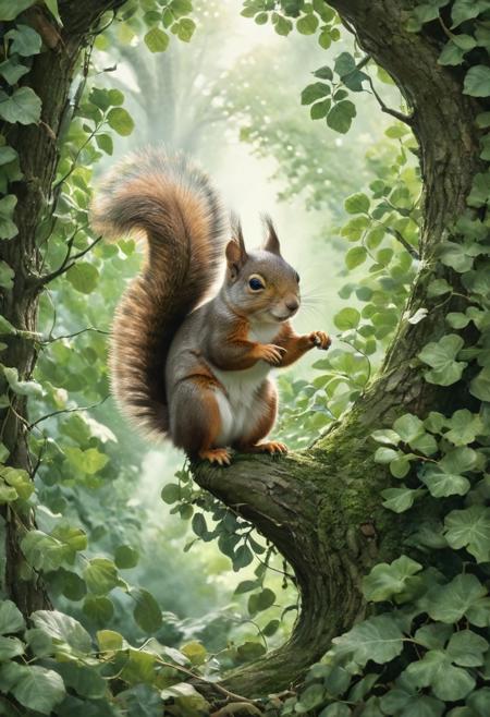 a small, quick squirrel climbing a tree with agility, surrounded by lush green leaves, illustration, cozy and warm with pastel colors, Beatrix Potter's charming touch, watercolor painting. highly detailed and hyper realistic photo, by Alena Aenami , by Archibald Thorburn , by Daniele Afferni , in the style of  monochromatic silhouette reflection,  limited dark palette, unusual dark colors, faded colors, atmospheric haze, highly dramatic cinematic lighting, motion blur, film grain,  professional, excellent composition, finest details, maximized details, ultimate detail level, masterpiece, best quality
