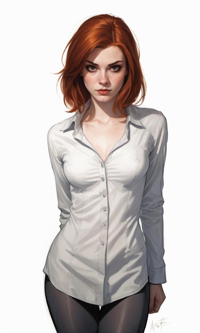 A woman with red hair wearing a white shirt.