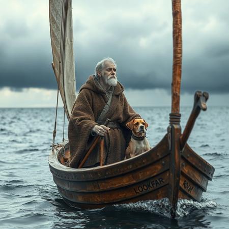 wizard, 40yo, handsome, in woolen cloak, very  white complexion, scar on cheek, standing in prow of small sail boat, wooden boat, squinting into the distance, looking into the distance, small dog at his side, wooden staff, leaning, simple boat, boat name written on prow in small letters, "LOOKFAR" calm sea, storm on the horizon,