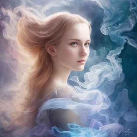 . Romanticism, UHD, attractive, ethereal, elegant, girl, teenager, beautiful, flawless, angelic, soft liquid rainbow smoke background, wind, fractal neon antimatter finish, highly detailed, trending on artstation, sharp focus, studio photo, intricate details, highly detailed, by Artgerm, Thomas Kinkade, Anna Dittmann, Gerhard Richter