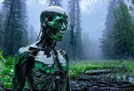 Blame! by Tsutomu Nihei see through cyborg,forest background, mist, black oil splatter, black plated cables everywhere, translucent glass head, chips and electronics, in background, black oil splatter, green everywhere, symbiotic everywhere, insects everywhere titanium everywhere, electric everywhere, extreme closeup, easynegative, ng_deepnegative_v1_75t