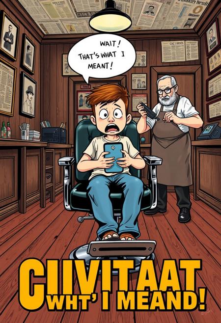 Classic comic strip style, cowboy shot of a boy sitting in a chrome and black leather barbers chair facing the viewer. He is getting his hair cut in an old fashioned barbershop, the room has dark mahogany hardwood floors and walls, and every wall is covered with framed pictures and newspaper articles.
The boy is looking at the viewer, he is startled in his seat, a wide-eyed horrified expression as the the right half of the boy's hair is gone, the left half of the boy's hair is still long. The boy is yelling, panicked,  A speech bubble above the boy reads, "Wait! That's not what I meant!". The boy is wearing wearing a T-shirt and blue jeans, holding a cellphone, the cellphone has the CivitAI logo on it.  
1 old barber has his side turned to the camera and is looking at the boy's head as he scrapes his buzzing electric clippers along the boy's head, a bored expression on his face, He is wearing an apron.
A title is runs across the bottom of the image with bold text reading "Careful Where You Ask For Buzz...".