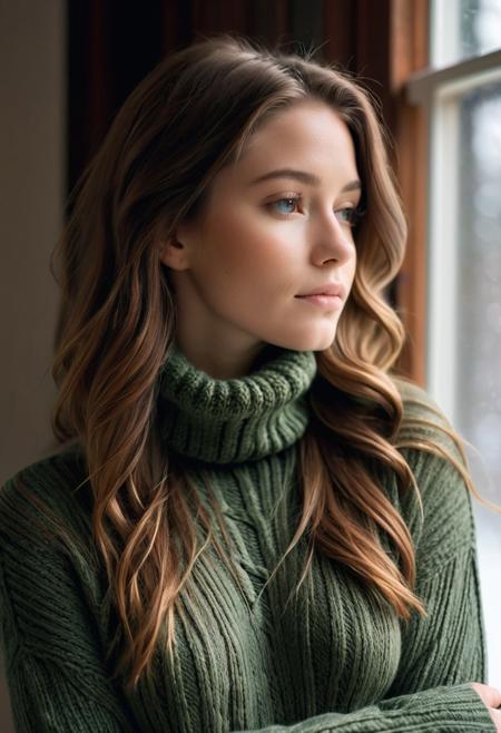 A serene and cozy scene features a young woman with long, flowing brown hair standing near a window, bathed in soft, natural light. She wears a thick, dark green cable-knit turtleneck sweater that adds to the warmth and comfort of the moment. Her expression is calm and thoughtful, with her hands gently clasped together. The window behind her reveals a blurred, wintry landscape, with hints of snowflakes falling, enhancing the peaceful and introspective atmosphere of the image.
natural look,sunny,soft lighting,emotional,grainy,
