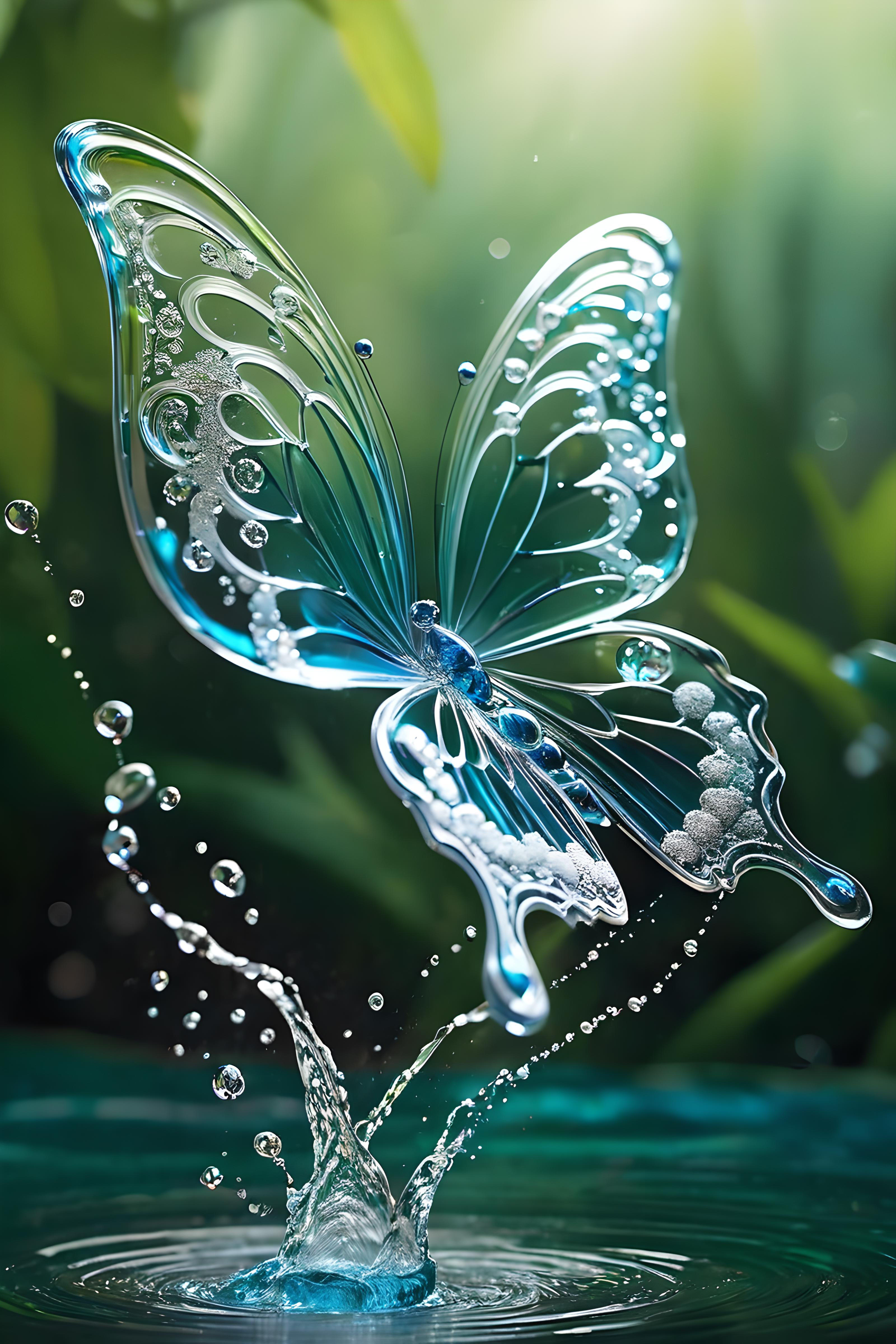 A blue butterfly with a sparkling blue body and green wings, surrounded by water droplets.