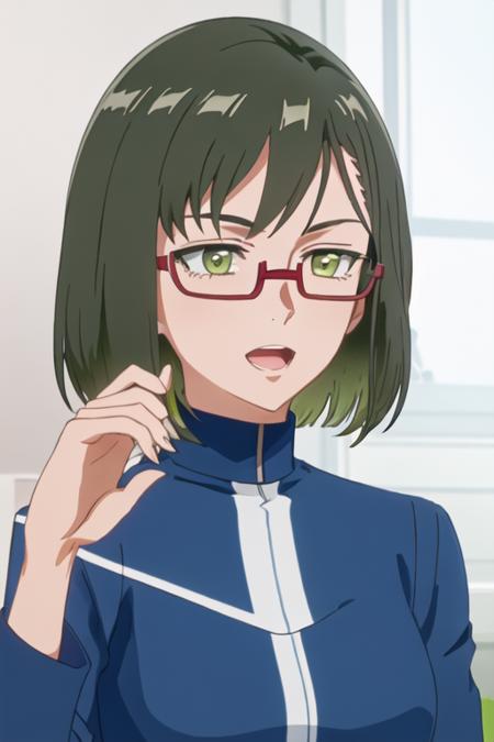 best quality, masterpiece, highres, solo, {shinjo_amane_birdiewinggolfgirlsstory:1.15}, glasses, short_hair, semi-rimless_eyewear, green_hair, green_eyes, under-rim_eyewear, red-framed_eyewear, 1girl, open_mouth