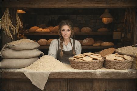 Low-angle view of a weathered oak door creaking inward, warmth and yeasted grain-scent spilling into dim streetlight. Shelves loom with cracked-crust rye loaves, burlap sacks spilling spelt flour, oatcakes studded with barley. Dutch Golden Age chiaroscuro (reminiscent of Vermeer’s textural intimacy) bathes a flour-dusted counter: tarnished brass scale, hand-carved coin box, linen cloth tenting lumpy oat biscuits. Centered, a broad-shouldered woman—ash braid coiled like rope, apron smudged with charcoal-grey rye—fixes steel-blue eyes on the viewer. Palette: burnt umber shadows, wheat-gold highlights, hearthstone greys. Textures: coarse linen, gritty stone, flour-kissed skin. Mood: austere comfort, where labor and sustenance intertwine.