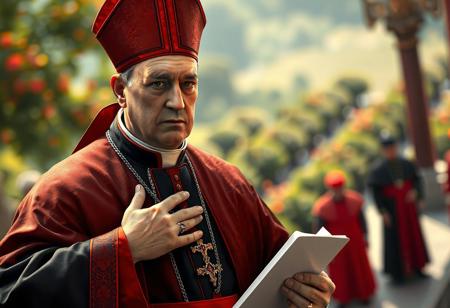 "Create a 4K ultra-high-resolution masterpiece depicting a solemn cardinal in traditional black-and-red ceremonial attire. The cardinal should be shown in a dynamic action pose with his right hand over his chest and left hand holding a white document. The composition must follow the golden ratio with isometric perspective, featuring a beautifully detailed background of blurred greenery and distant figures. Render the image using Unreal Engine 5 with Octane Render technology to achieve lifelike textures in the cardinal's robe and zucchetto. Apply Raphael's classical aesthetics combined with Houdini's procedural detail work, while incorporating Grammer Effect lighting for dramatic impact. The face should exhibit meticulous detail with expressive eyes conveying both authority and contemplation. Use a harmonious color palette with vibrant red accents against deep black and natural green tones. Ensure the final piece meets ArtstationHQ trending standards with balanced editing and sharp brush strokes."