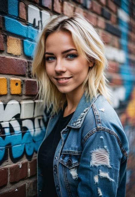 (vivid colors, spotlight), beautiful 90's (Grunge:1.3) girl standing against graffiti brick wall, full body portrait shot(subject in focus), detailed skin, looking at viewer, perfect smile, careless blonde hair with black streaks, wearing choker with ripped jeans and combat boots , dark expression, petite, blue eyes, highly detailed, ultra high resolution 8k rich texture details, detailed eyes, detailed background, dynamic lighting, no makeup, ((OverallDetail, fFaceDetail))