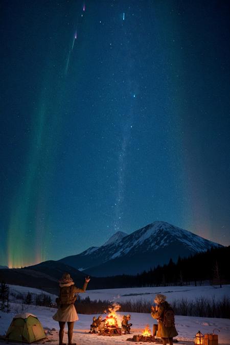 star (sky), sky, night, starry sky, tree, outdoors, scenery, tent, backpack, night sky, multiple girls, campfire, arm up, bag, 2girls, fire, from behind, standing, skirt, pantyhose, lantern, milky way, pointing up, aurora, mountain, short hair, brown hair, waving, nature<lora:ruinx:1.1>