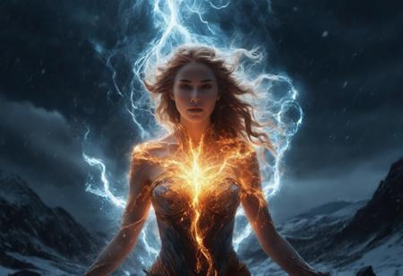 An elemental goddess stands in the center of a dark storm, her face perfectly split between blazing fire and piercing ice. Her eyes glow with raw energy—one golden like a supernova, the other pure white like frozen lightning. Her fiery side burns with swirling flames, lava cracks glowing on her skin, while the icy side releases frost, snow, and mist, her flowing hair turning into smoke and ice tendrils. The camera slowly circles her as magical particles rise and fall around her. Thunder rumbles faintly in the distance, and glowing embers spiral into the sky. Her power pulses outward with each breath. Ultra-detailed, epic cinematic lighting, 4K, high fantasy animation, dark background, dramatic elemental effects, slow motion, mythic tone.