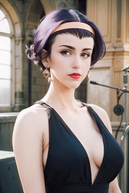 masterpiece, (photorealistic:1.4), best quality, beautiful lighting, FayeCB, solo, hairband, makeup, yellow_hairband, solo, lipstick, cleavage, upper_body, medium_breasts, black_dress, dress, earrings, collarbone,  RAW photo, 8k uhd, film grain, <lora:FayeCB:1.2>