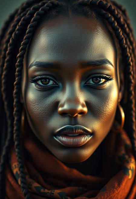 Portrait, a crying black beautiful woman with a scarf, Beautiful dreadlocks, Makeup, Octane render, 8k, Beautiful lighting, Golden ratio composition