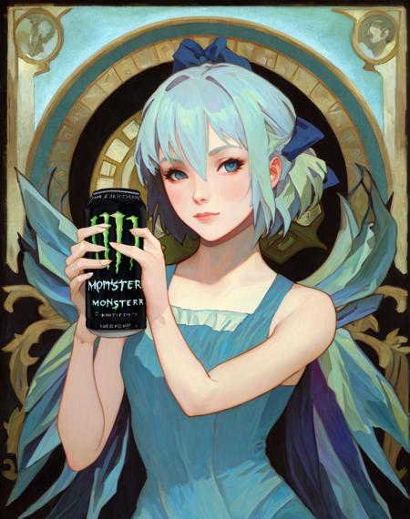 1girl, cirno,  holding monster energy,  monster energy  <lora:my_LoRA_monsterEenergy_v1:0.7> by Jeremy Lipking, by William Bouguereau, (by Alphonse Mucha:0.5)