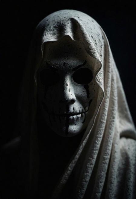 cinematic photo (ghost face from the movie), . 35mm photograph, film, full body, bokeh, professional, 4k, highly detailed, realistic, detailed, photo realistic, sharp focus, 8k, Close-up, grim smile, relaxed pose, portrait movie shot, serious, menacing, chiaroscuro style photo, dark background, minimalism, dramatic lighting, professional quality, dull highlights and shadows, natural and  original,