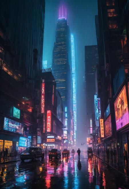 Neon-lit skyscraper with holographic billboards towering into the foggy night sky, god rays cutting through the dense mist, casting reflections off rain-slicked streets. A sense of melancholy lingers in the air as distant silhouettes walk by.