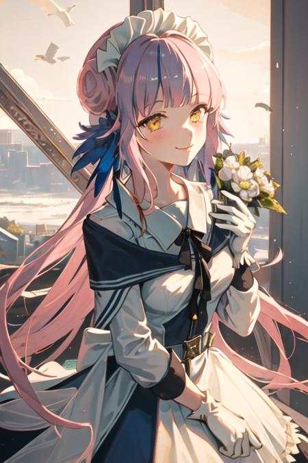 best quality, masterpiece, highres, solo, {maid:1.40}, {long maid dress:1.15}, {ceylon_arknights:1.15}, long_hair, bangs, pink_hair, feather_hair, feathers, hat, white_headwear, yellow_eyes, blue_feathers, bow, hair_bun, hat_bow, smile, black_bow, upper_body