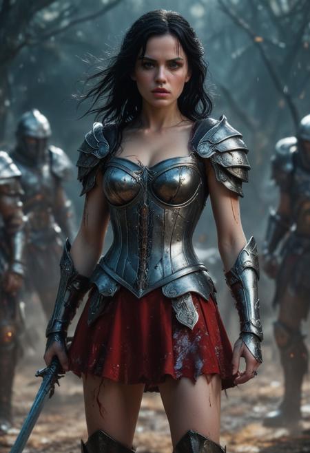 Ultra detailed digital art masterpiece Warrior Snow White girl dressed in a iron Armor and red mini skirt, Standing on a battlefield at the head of an army of knights, where a bloody slaughter is taking place, standing in battle pose, a dark epic fantasy, perfect lighting, beautiful Warrior Snow White girl, attractive woman, elegant, beautiful woman of athletic body,  epic shot of the whole Warrior Snow White girl, unreal engine 5 nanite quality, dark fantasy, dark environment, very stormy day, LOTR style, dark washed out eyeliner, no make up, natural bloody pale face, realistic blue eyes, ultra detailed atmospheric details, beautiful glowing effects, sparkle effects, realistic body proportions, beautiful face proportions, complex masterpiece, wavy raven black hair, creative glowing detailed tattoos, complex physics, enhanced colors, complimentary colors, ultra detailed raytracing reflections, Ultra detailed complex background, environment feels alive, direct eye contact, dramatic lighting, wet and sweaty skin, beautiful firm Breasts, Daylight, Concept art by Greg Rutkowski, adding to the intense and dynamic atmosphere of the scene.