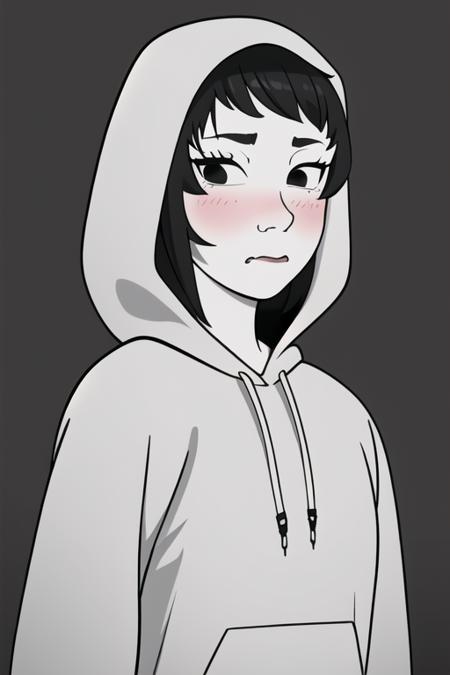 best quality, masterpiece, monochrome, meme, parody, <lora:mtstyle:0.8> mtstyle, 1girl, sad, short hair, hoodie, hood, hood up, blush, upper body, solo, looking at viewer, simple background