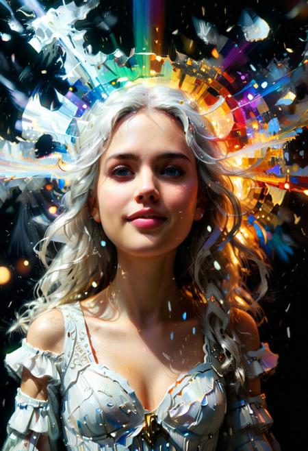 ultra detailed, sharp focus, best quality, masterpiece, colorful, avalanche, (glow:0.4), hands risen, glow from below, messy long white hair, night time, (heavy blizzard:1.6), volumetric lighting, best quality, masterpiece, intricate details
 glow, glowing silhouette, dream, dreamworld,Leo Dragonheart, white, glow,impossible figures, paradoxical art, paradox, impossible geometry, hypercube, abstract fantasy castle, Typographic art (masterpiece,best quality,niji style),Gustav Klimt,painterly,1girl,white (level difference:1.8),(Colorful rays of light colliding and merging with each other),(depth of field),1girl's side face blends with the rays of light,((side face)),(hair is rays of light:1.7),(Colorful rays of light surround the body:1.7),smile,made of rays of light,Gravity up,Bright Glow,(rays of light),Plasma state,stunningly beautiful, masterpiece, detailed background,ultra high quality model, ethereal background,abstract beauty, explosive volumetric, oil painting,heavy strokes,Romantic lighting,Sub-Surface Scatterring,lens 135mm,f1.8,glow,8k,Amidst the ghostly ectoplasm, an ethereal eyeball floats, emanating an eldritch glow. Translucent and mist-veiled, it embodies pure horror and chaotic mastery. Frozen in a uniquely dynamic postu
