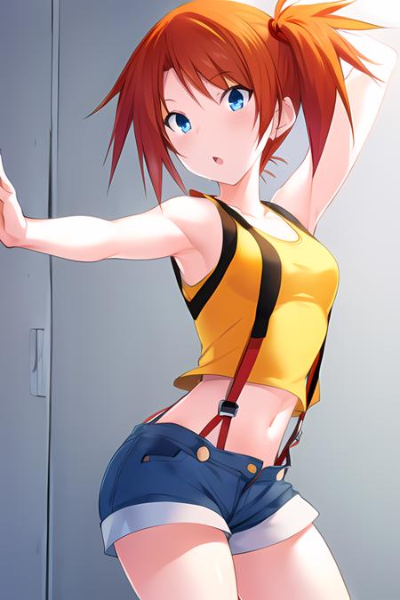 majikoi, 1girl, masterpiece, best quality, misty (pokemon), blue eyes, orange hair, very short hair, short side ponytail, denim shorts, ((red suspenders)), suspender shorts, crop top,  ((yellow tank top)), bare arms, bare legs, <lora:MajikoiStyle:1>